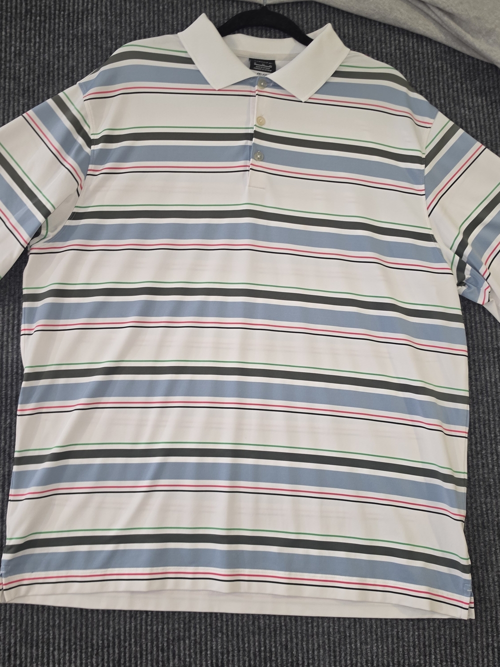 Nike Golf Dry Fit White Polo with Blue, Green & Pink Stripes